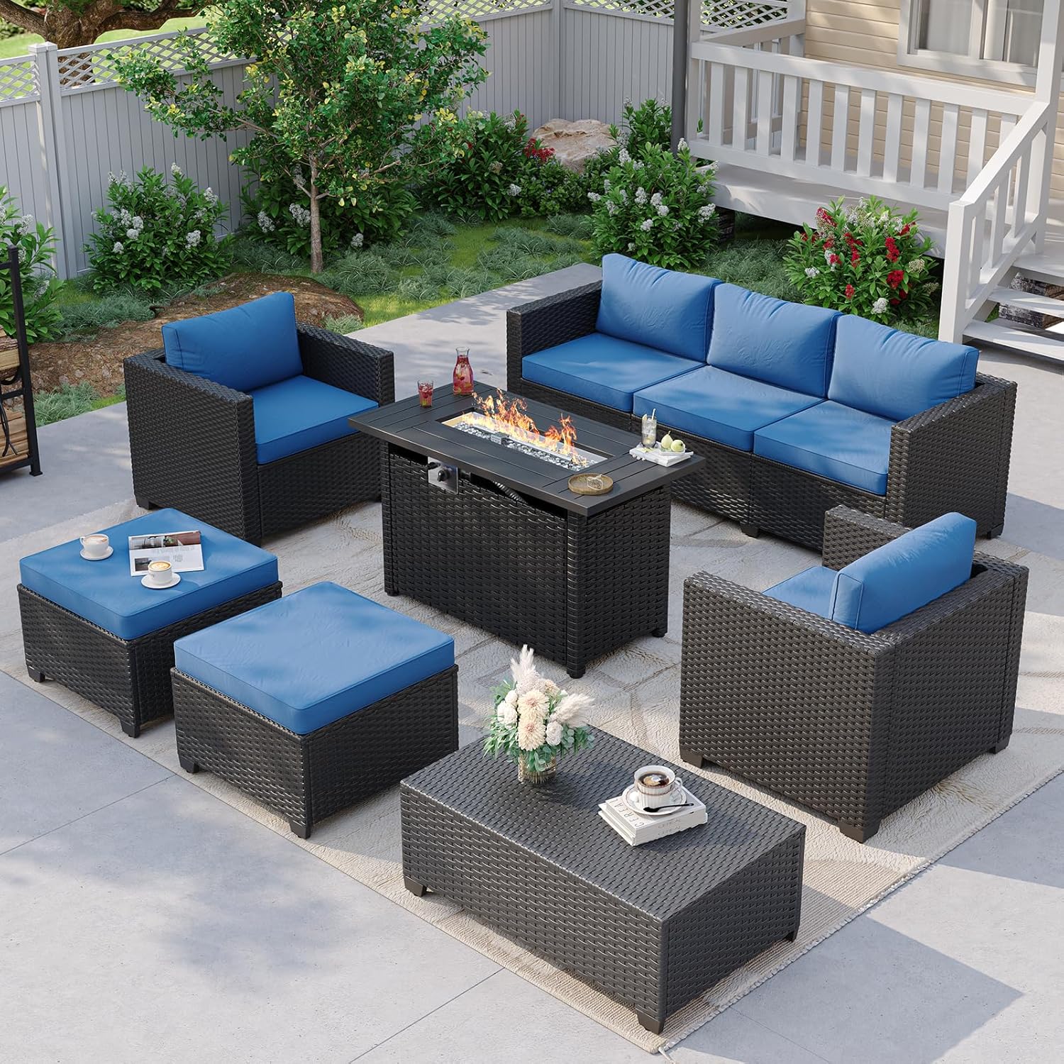 Outdoor Furniture With Fire Pit Table - Navy Blue Outdoor Sectional Sofa with