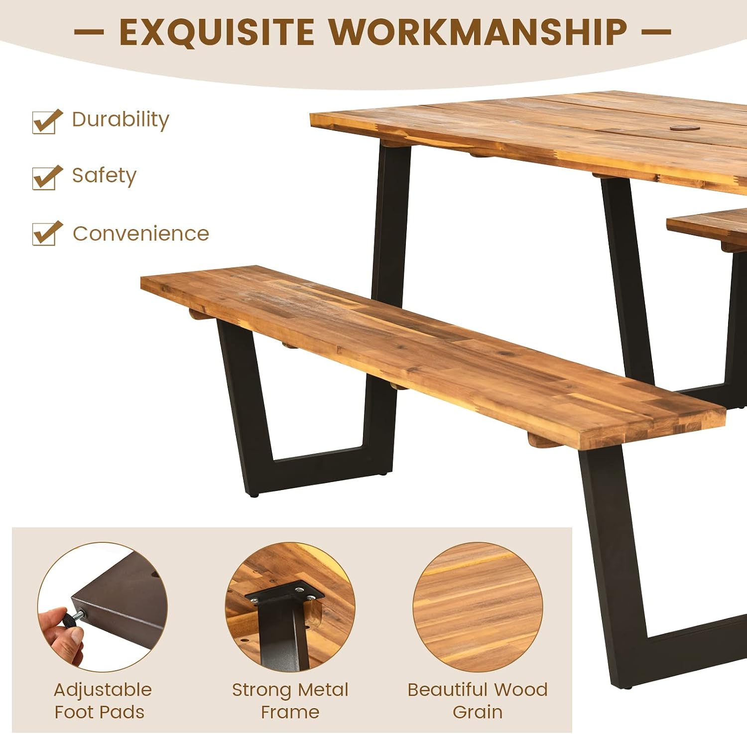 Acacia Wood Picnic Table Bench - Outdoor Furniture Dining Set recension och pris