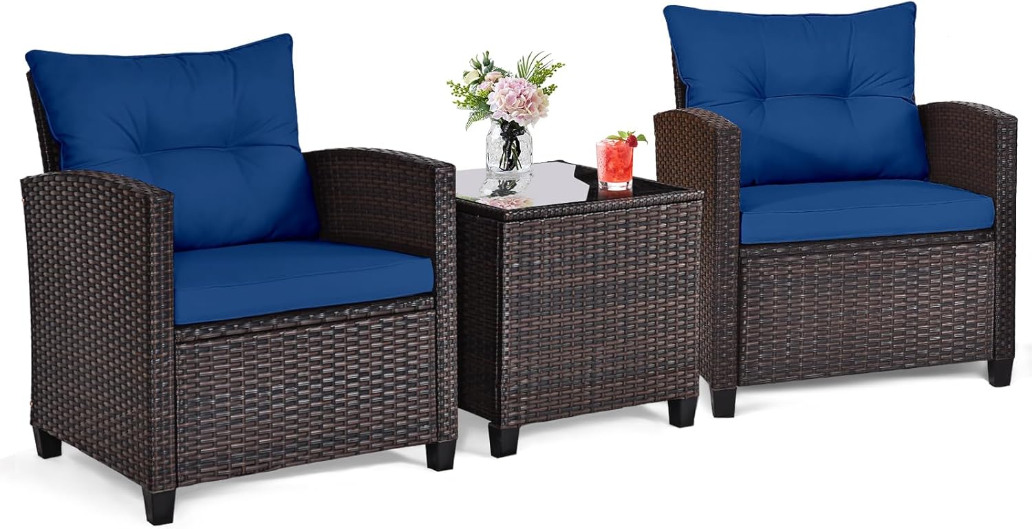 Navy blue rattan wicker 3-piec - Outdoor Furniture Cushions recension och pris