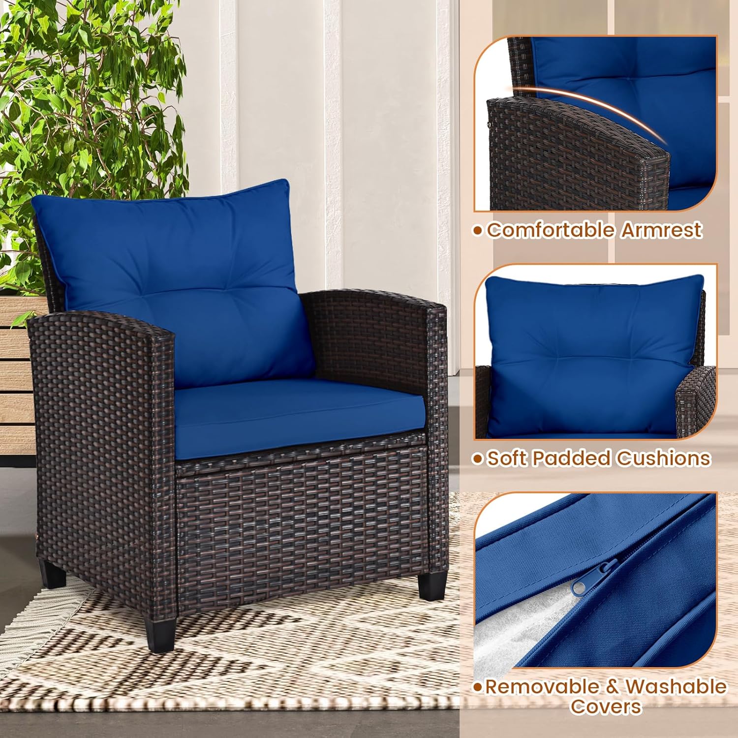 Navy blue rattan wicker 3-piec - Outdoor Furniture Cushions recension och pris